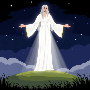 A tall figure of "Galadriel" stands on a grassy hilltop with her arms outstretched. She has long, flowing silver hair that glows softly in the light. A shimmering, ethereal white dress wraps around her, reflecting beams of light. The background features a darkening sky filled with stars, while a gentle glow radiates from her, illuminating the surroundings. Below the hill, "lost travelers" look up at her in awe, their faces expressing hope and wonder. The grass sways gently in the night breeze, enhancing the scene's tranquility.