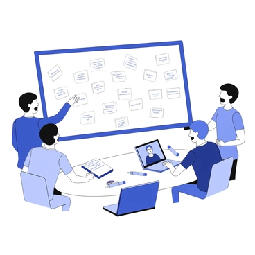 A group of diverse individuals is engaged in a brainstorming session around a digital whiteboard. The board displays numerous sticky notes with various ideas, each labeled with short phrases. One person gestures towards the board, while another takes notes on a tablet. A laptop is open on the table, showing a video call interface with an AI assistant providing suggestions. The room is filled with enthusiasm, as the participants actively discuss and refine the ideas presented on the board. Various markers and notepads are arranged on the table, indicating a productive session.
