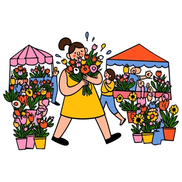 A girl with light skin and short brown hair is exploring a vibrant flower market. She is holding a colorful bouquet filled with various flowers in her hands. The market is filled with an array of flowers, including roses, tulips, and sunflowers, displayed in bright pots and bouquets around her. She is wearing a yellow sundress and has a joyful expression on her face as she takes in the lively atmosphere. People are moving around, and there are stalls with floral arrangements in the background, creating a sense of excitement and abundance.