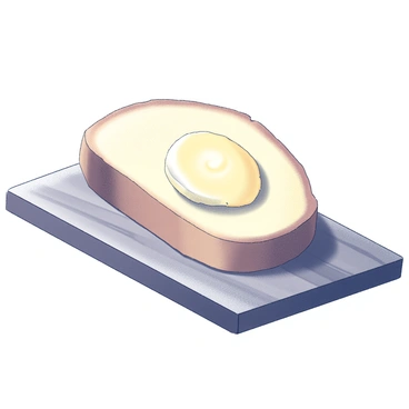 A slice of freshly baked bread with a golden crust and a soft, warm interior sits on a wooden cutting board. The slice is slightly toasted, showcasing its texture. A curl of butter, smooth and creamy, is elegantly placed on top of the bread, slightly melting at the edges. The setting is simple, focusing on the bread and butter as the main elements of the composition.