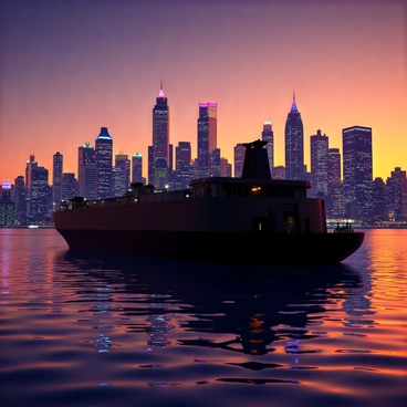 A dark silhouette of a fuel barge is positioned in the foreground, contrasting sharply against a vibrant city skyline. The skyline is filled with tall buildings of various shapes and sizes, illuminated by a myriad of colorful lights as the sun sets. The sky is a gradient of warm oranges, deep purples, and soft pinks, indicating dusk. The water below reflects the colorful lights and the silhouette of the barge, creating a dynamic and striking visual composition.