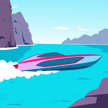 A sleek speed boat with a shiny hull glides swiftly across vibrant blue waters. The boat's engine creates a white frothy wake as it speeds past towering cliffs and rugged coastal rock formations. These cliffs are steep and jagged, with various shades of gray and brown, contrasting sharply with the bright turquoise sea below. The sky above is clear, with a few wispy clouds scattered, enhancing the dramatic landscape. In the background, a distant horizon meets the sea in a seamless blend of colors.