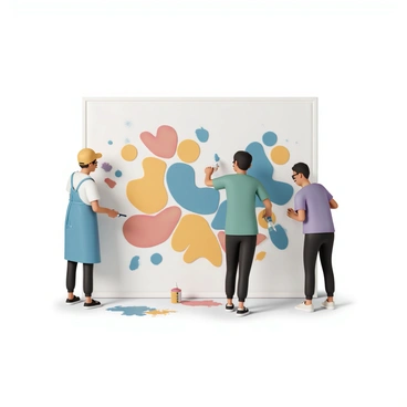 A group of three artists is gathered around a large wall, working together on a vibrant illustration mural. One artist, wearing a blue apron and a yellow cap, is painting with a brush, adding bright red and orange hues. Another artist, dressed in a green shirt and black pants, is using spray paint to create bold blue designs. The third artist, wearing glasses and a purple t-shirt, is sketching outlines with a black marker. The mural features a variety of colors, with intricate patterns and playful shapes. Paint splatters adorn the floor around them, showcasing their creative process.