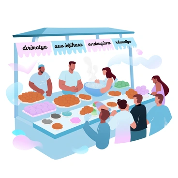 A street food stall is bustling with activity, showcasing an array of popular Gujarati snacks. The stall is adorned with colorful banners displaying the names of various snacks. A vendor is skillfully preparing "dhokla," steam-cooked and fluffy, while nearby, trays filled with "khandvi" are neatly arranged. A large pot of "bhajiya" is frying in hot oil, producing a fragrant steam. Customers are standing in line, eagerly waiting to sample the snacks. Brightly colored chutneys in small bowls accompany the snacks on the counter, adding to the vibrant atmosphere of the scene.