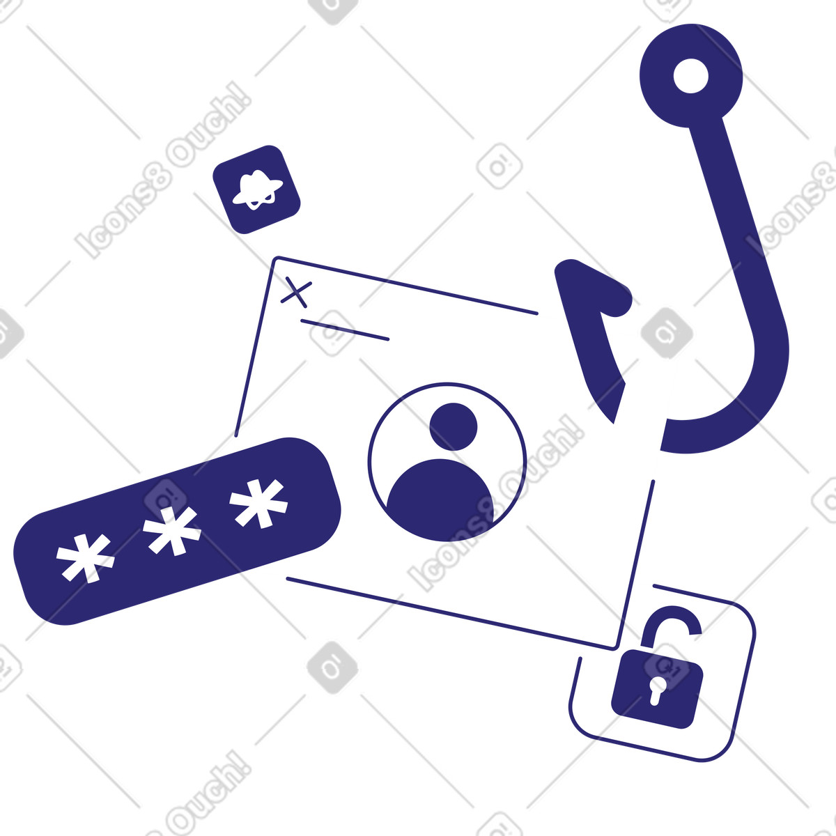 Login form with phishing hook and password, Cybersecurity identity theft prevention illustrazione in stile Cut scarica in PNG, SVG