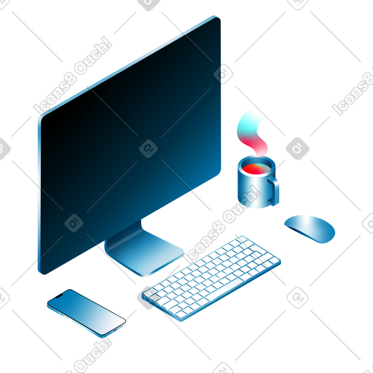 Isometric desktop with devices and a mug illustration in PNG, SVG