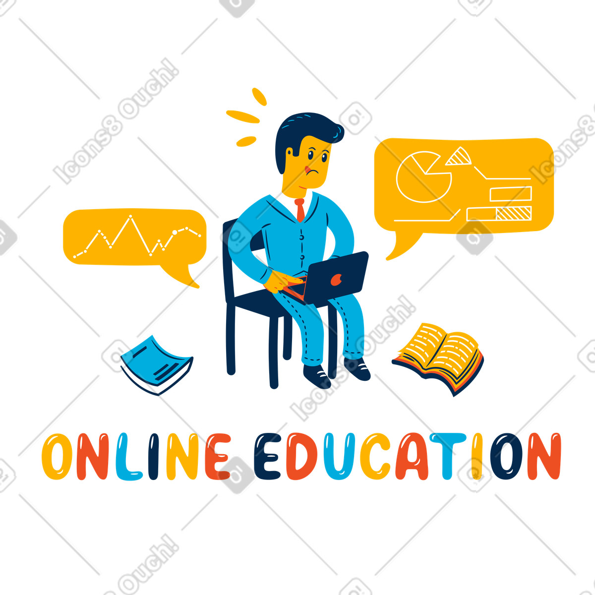 Online education text under a guy sitting with a laptop and books illustration in Flame style download in PNG, SVG