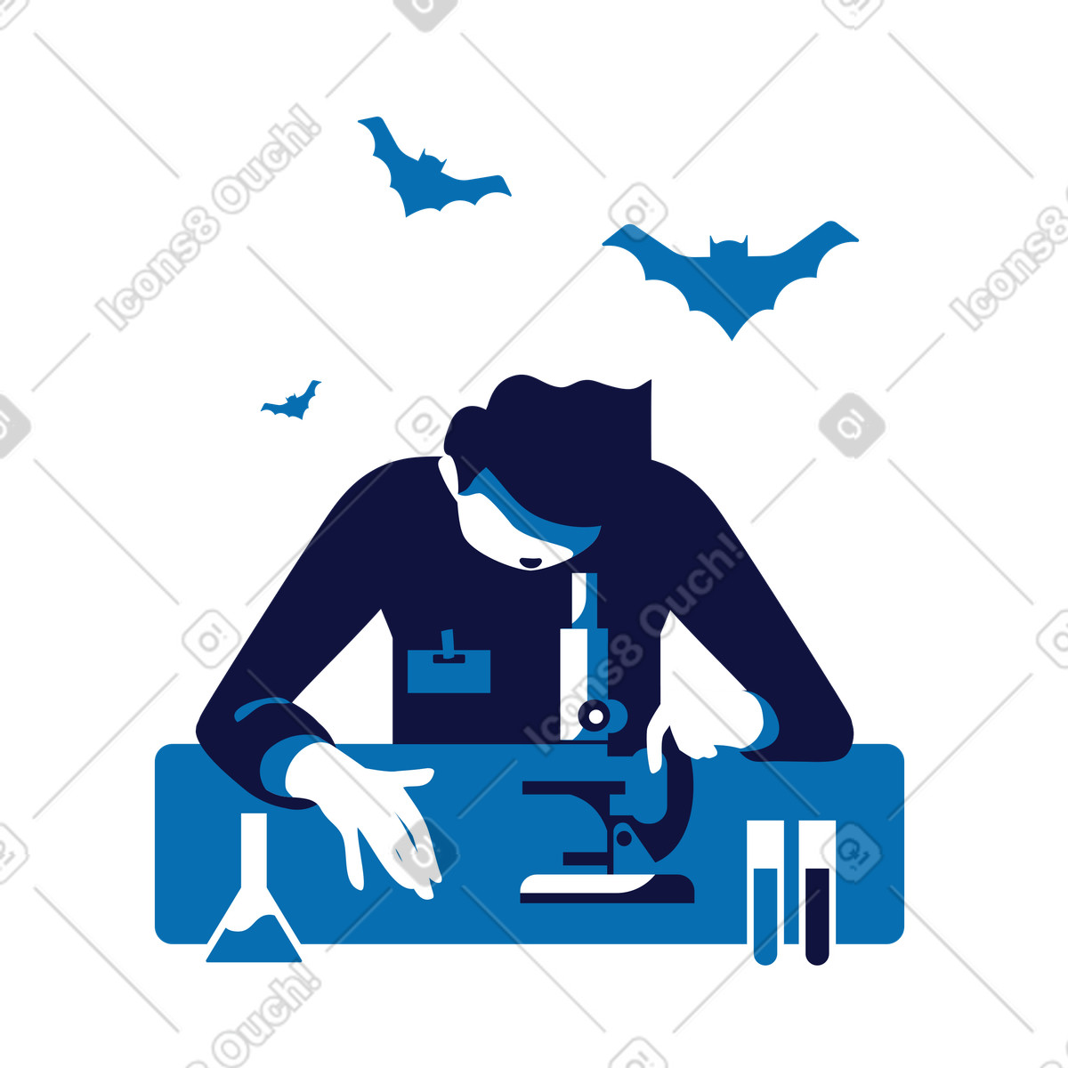 Scientist with microscope studying molecules while bats flying illustration in Experimental style download in PNG, SVG