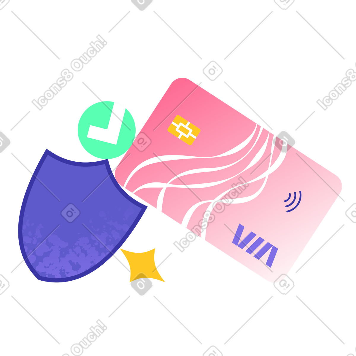 Credit card with shield and checkmark, Bank card security and fraud protection illustration in PNG, SVG