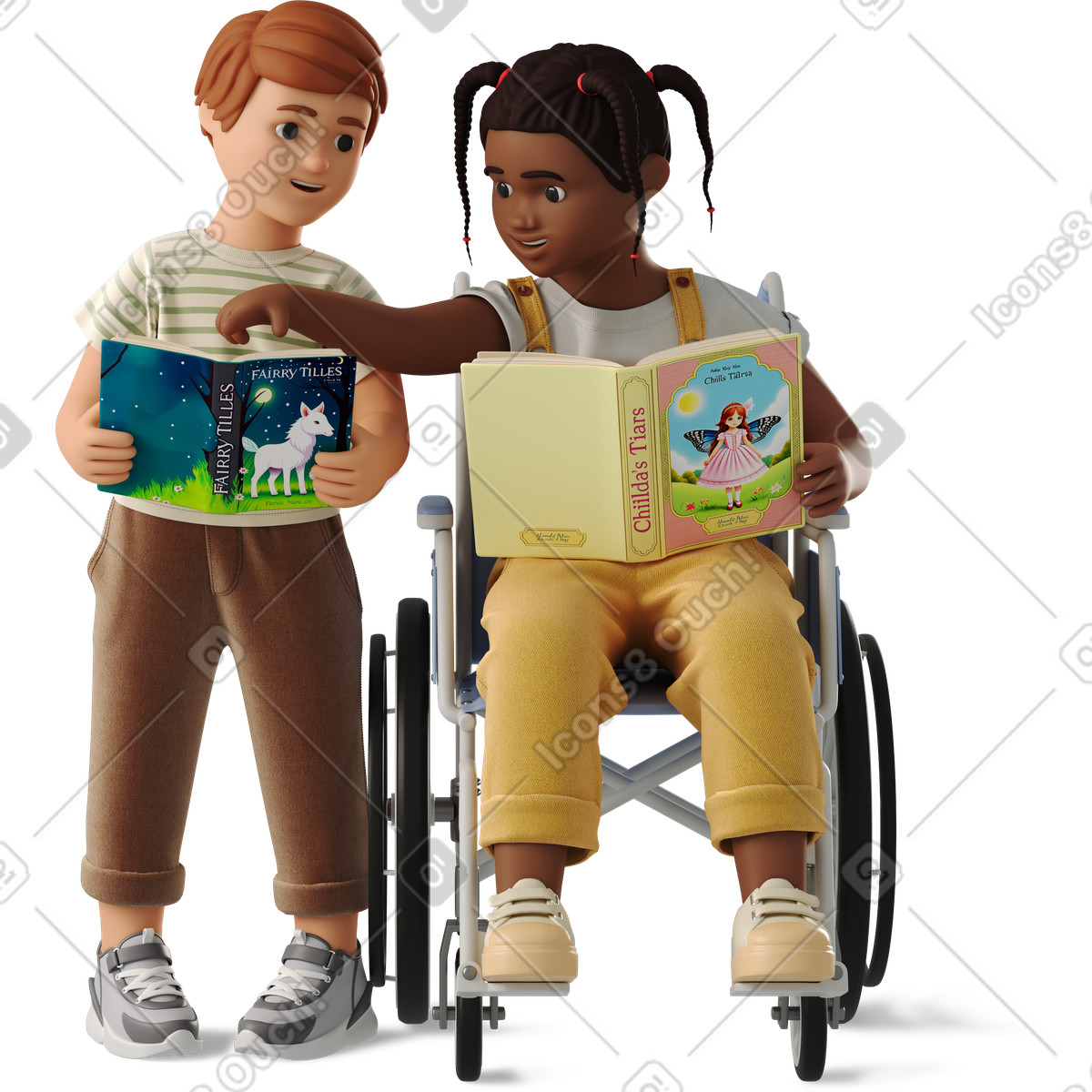 下载 3D Business 风格的 Boy and girl reading books 插画，支持 PNG、SVG 格式