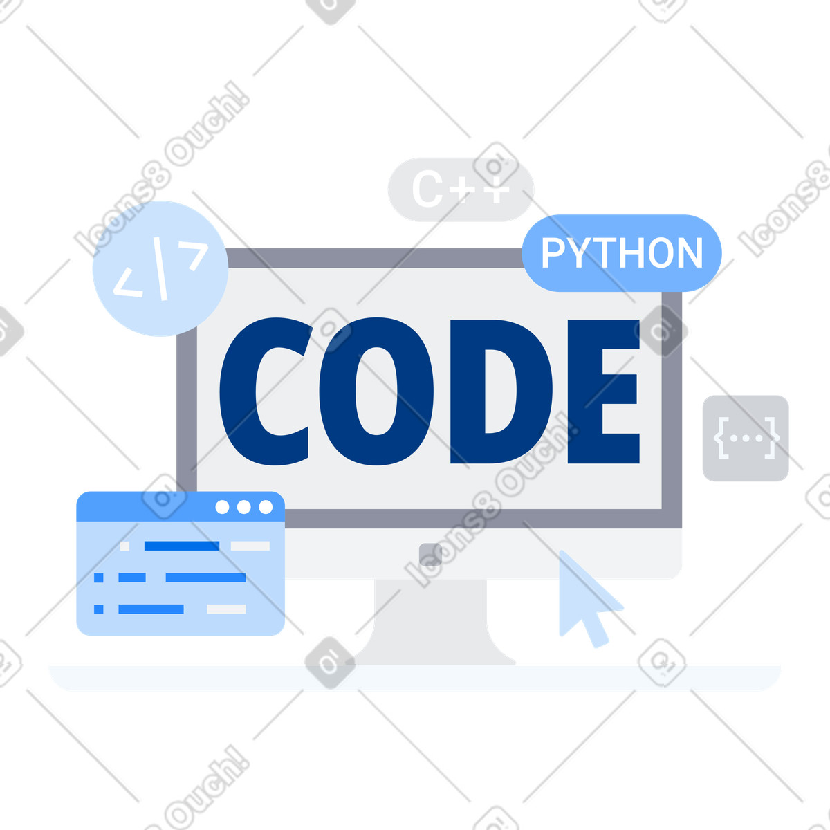 Computer screen with code lettering and programming symbols, online coding platform or course illustration in PNG, SVG