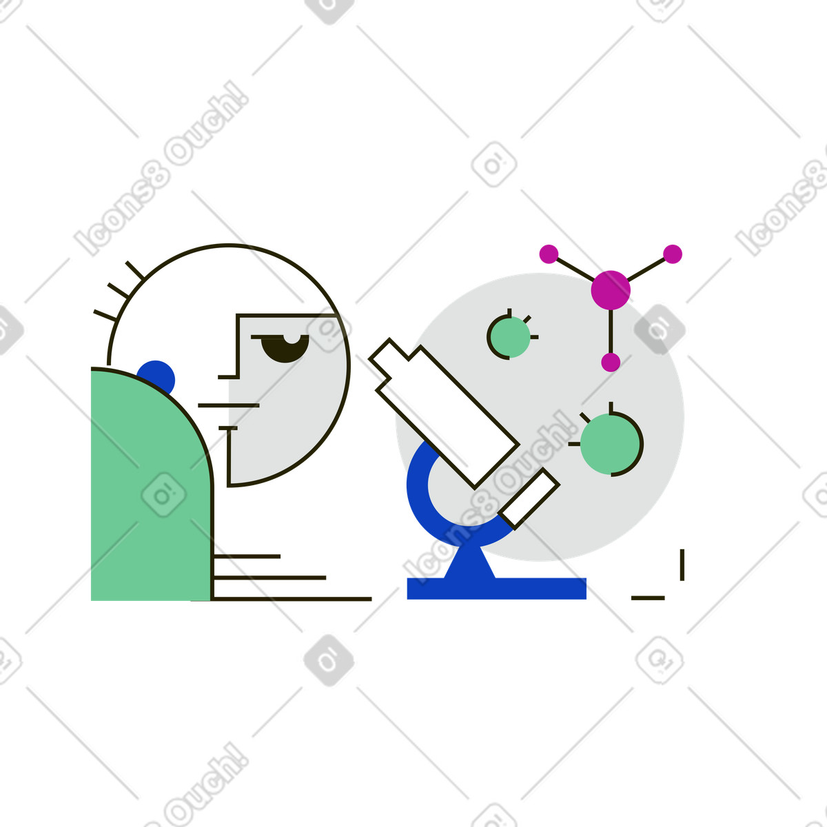 Illustration Un scientifique étudie virus au microscope dans le style Geom à télécharger aux formats PNG, SVG