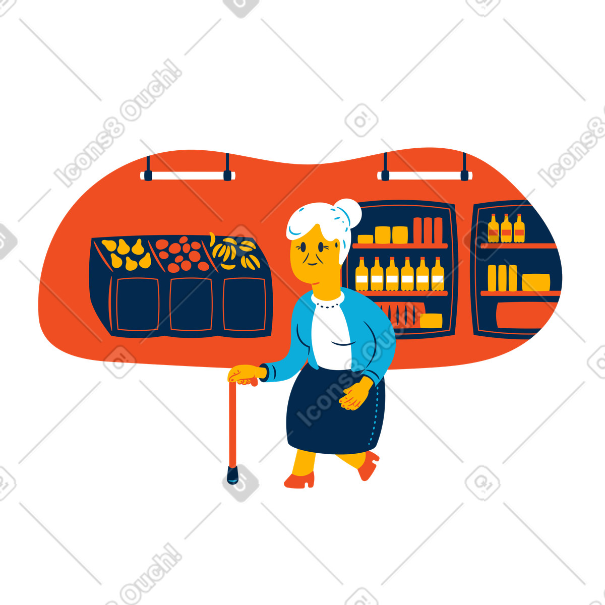 Vecchia signora al negozio di alimentari illustrazione in stile Flame scarica in PNG, SVG