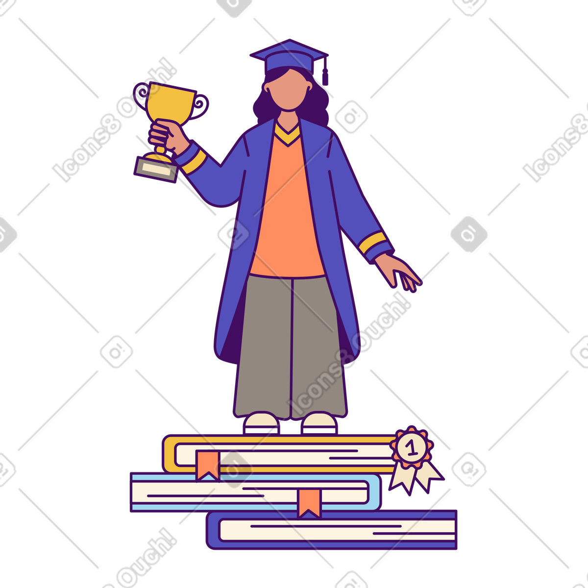 Graduate with an award standing on books illustration high-quality clipart graphics