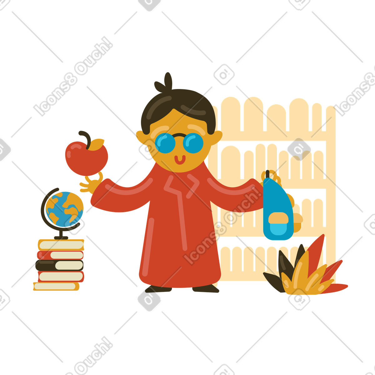 Student holding an apple and backpack illustration educational knowledge clipart PNG