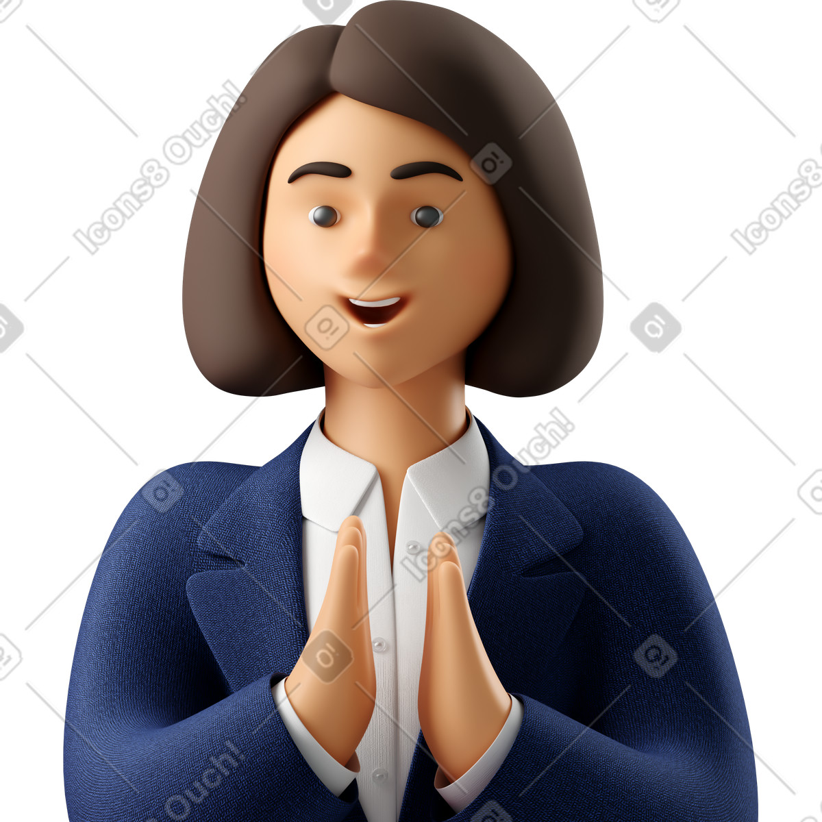 Close up of businesswoman in blue suit clapping hands-Illustration im 3D Business-Stil als Download PNG, SVG
