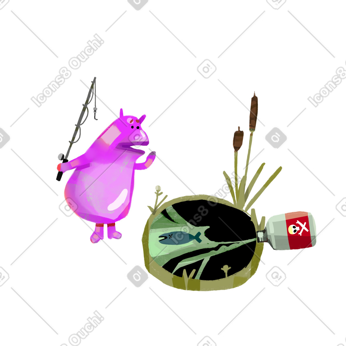 Charakter fischt in verschmutztem see-Illustration im Atomic-Stil als Download PNG, SVG