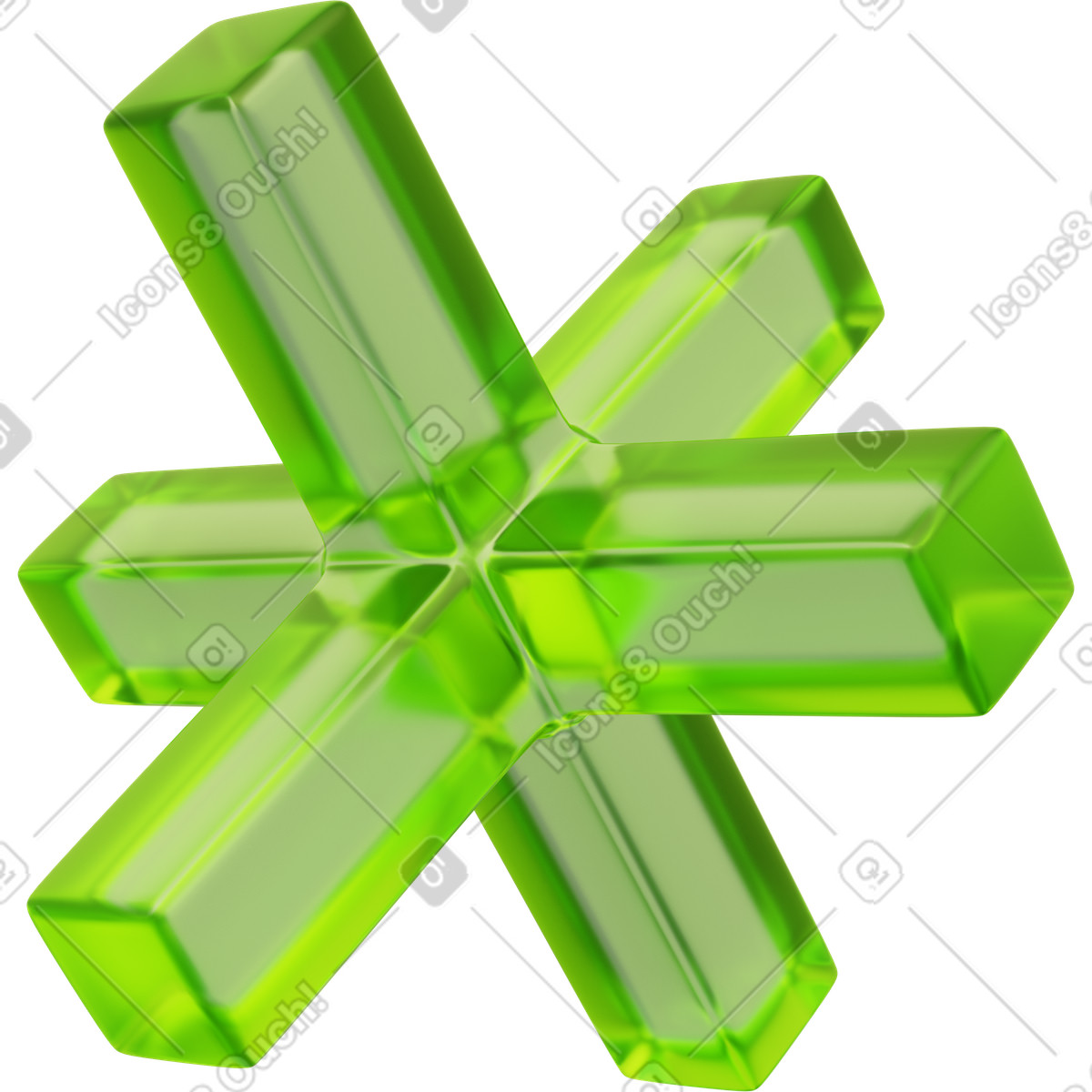 Green glass asterisk, translucent cross symbol, geometric crystal element illustration in 3D Playful style download in PNG, SVG