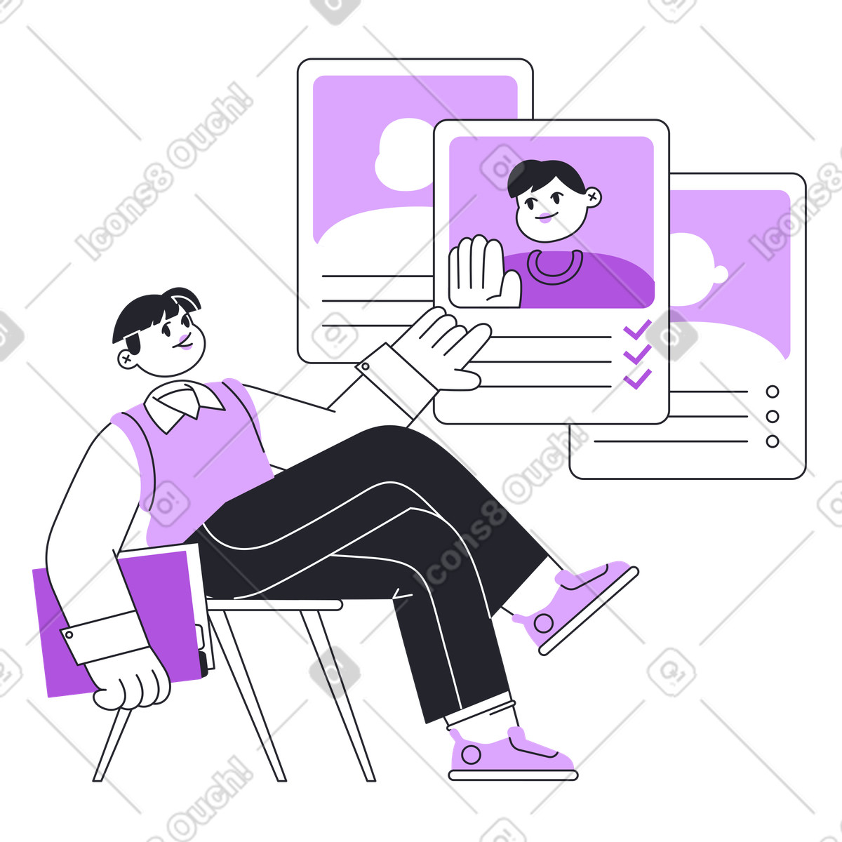 Der personalvermittler sieht sich den perfekten lebenslauf eines kandidaten an animierte Illustration im Grapy-Stil als Download in GIF, Lottie (JSON), AE