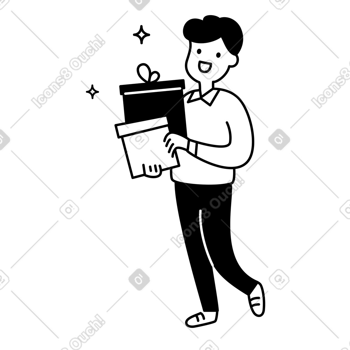 Notion Line Art スタイルの Delivery courier carrying package box while walking with smile のイラストをPNG、SVG形式でダウンロード