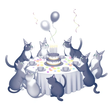 A group of cats sitting around a table. The table is covered with a festive tablecloth and has a variety of party items, including a multi-tiered cake in the center with lit candles on top, colorful plates, and small cups. Each cat has a unique appearance, with different fur patterns and textures. Some cats are playfully reaching towards the cake, while others are looking at party decorations, such as balloons and streamers hanging above the table. One cat is wearing a small party hat, adding to the celebratory atmosphere.