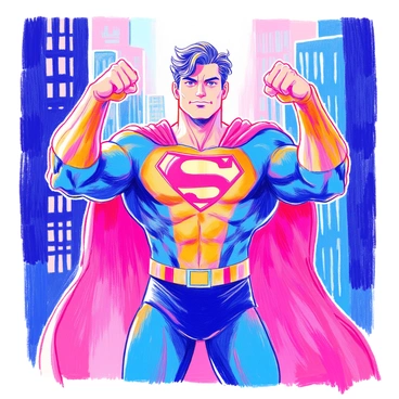 A superhero stands in a powerful stance, facing the viewer. He has a furrowed brow that conveys determination, and his lips are set in a tight line. His muscular arms are raised with clenched fists, showcasing strength and readiness for action. He wears a fitted costume that accentuates his physique, with a bold emblem prominently displayed on his chest. The background hints at a cityscape, with tall buildings and a dramatic sky, suggesting an impending confrontation with a villain.