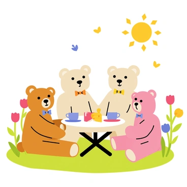 A group of cartoon teddy bears sitting around a small round table under a bright sun in a garden. The bears are various colors, including brown, cream, and light pink, each wearing a different patterned bowtie. The table is set with colorful teacups, a teapot, and a plate of cookies. Lush green grass surrounds the table, and there are blooming flowers in shades of red, yellow, and blue scattered throughout the garden. In the background, there are a few butterflies fluttering around, adding to the lively atmosphere.