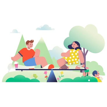 A seesaw is positioned centrally in a vibrant park surrounded by lush green grass and colorful flowers. On one end of the seesaw sits a boy with short brown hair, wearing a red t-shirt and blue shorts. On the opposite end, a girl with long dark hair is seated, dressed in a yellow dress with white polka dots. They are both smiling and engaged in a friendly conversation. The seesaw appears to be perfectly balanced, with both children's feet just above the ground. In the background, there are tall trees providing shade, and a few children are playing nearby, enhancing the lively atmosphere of the park.