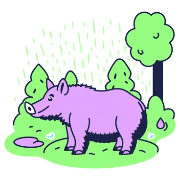 A wild boar is standing on a patch of grass in a vibrant forest, with trees surrounding it. The boar has thick, bristly fur and is looking upwards as raindrops fall around it. Its large tusks are visible, and a few droplets of water are perched on its back. The forest is lush, with various shades of foliage surrounding the boar. The ground is damp, and small puddles form where the rain has collected. In the background, shafts of light filter through the leaves, illuminating the scene.