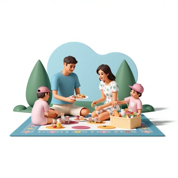 A family of four is sitting on a large, vibrant picnic blanket adorned with bright patterns in the park. The father, wearing a blue T-shirt and khaki shorts, is holding a colorful plate filled with sandwiches and fruits. The mother, dressed in a floral dress, is pouring lemonade from a pitcher into clear cups. Two children, a boy in a red cap and a girl in a pink shirt, are laughing while reaching for snacks from a picnic basket filled with various treats. Surrounding them are green trees and a clear blue sky, creating a cheerful outdoor atmosphere.