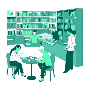A teal cozy café is situated inside a white librairie, filled with tall wooden bookshelves lined with various books. Patrons are sitting at small round tables, each with a steaming cup of coffee in front of them. Some are intently flipping through the pages of books, while others are engaged in quiet conversations. A barista stands behind the white counter, preparing drinks, with a display of pastries nearby. Soft lighting illuminates the space, creating a warm atmosphere perfect for reading and relaxation.