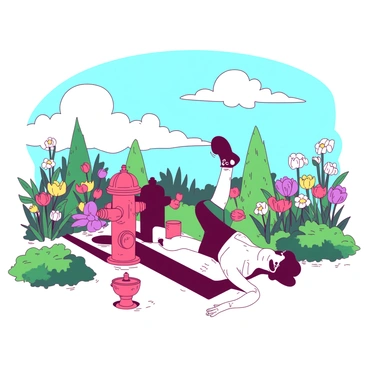 A person practicing fire hydrant exercises in a vibrant flower garden under a sunny sky