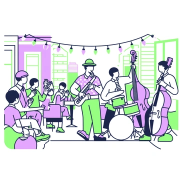 A group of musicians is playing jazz in a narrow city alley filled with lively activity. In the center, a saxophonist stands with his instrument, wearing a fedora and a patterned shirt. To his right, a drummer is seated at a compact drum set, focused on the rhythm, while a bassist leans against a brick wall, plucking the strings of his upright bass. Surrounding them, colorful string lights hang above, adding a festive atmosphere. Nearby, a small audience is gathered, clapping and swaying to the music. The alley is lined with small tables and chairs where more people enjoy their drinks while watching the performance.