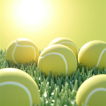 A close-up view of several tennis balls, with their bright yellow-green color contrasting against the vibrant green grass beneath them. The tennis balls are slightly worn, showing signs of use, and are scattered across the grass in a random arrangement. The sun shines down, creating a glistening effect on the surface of the balls and the dew-covered grass blades, enhancing the overall freshness of the scene. Each ball reflects the sunlight, highlighting its texture and the fuzzy surface that is characteristic of tennis balls.