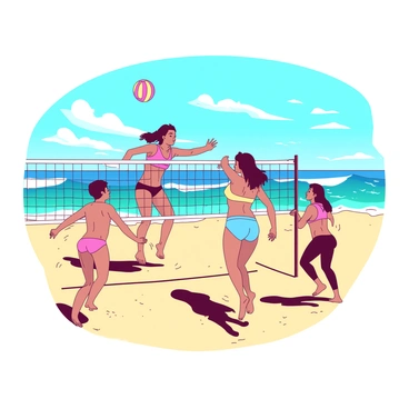 A group of four friends is playing volleyball on a sandy beach. Two friends are jumping to hit the ball over the net while the others are positioned on the sand, ready to receive the ball. The sky above them is clear and blue, and the sun casts warm shadows on the beach. In the background, the ocean sparkles with turquoise waves gently lapping at the shore. The sand is golden, creating a vibrant contrast with the blue of the ocean and the energetic scene.