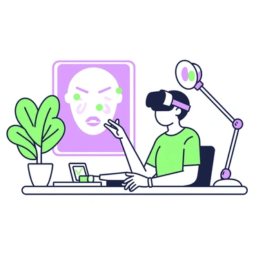 A person is seated at a modern workstation, wearing a virtual reality headset. Their expression is focused as they engage with the simulation. The virtual environment displays a large, floating screen in front of them, showcasing various facial features and adjustments that represent botox results. The person is wearing casual attire, and their hands are positioned on the controls of the headset. Surrounding them are sleek tech gadgets and a vibrant plant, adding depth to the scene.