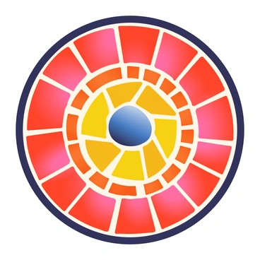 A colorful mosaic of a bullseye is created from various materials such as pieces of glass, ceramic tiles, and small stones. The outer rings of the bullseye consist of bright red tiles, transitioning into vibrant orange glass pieces. The center is filled with a deep blue stone surrounded by a yellow tile ring. The mosaic is framed by a thin black border, which enhances the vibrant colors of the bullseye. The arrangement of materials creates a textured and layered appearance, reflecting light in different ways.