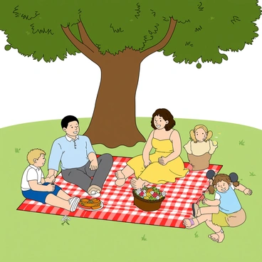 A family of four is having a picnic on a large red and white checkered blanket spread out on the grass beneath a big leafy tree with a thick trunk. The parents, a man with short black hair wearing a light blue shirt and a woman with wavy brown hair in a yellow sundress, sit on the blanket surrounded by various picnic items. Their two children, a boy with messy blonde hair and a girl with pigtails, are playing with a colorful frisbee nearby. There is a picnic basket filled with sandwiches and fruit, and a small bouquet of wildflowers rests on the blanket. Sunlight filters through the tree's leaves, creating a dappled light effect across the scene.