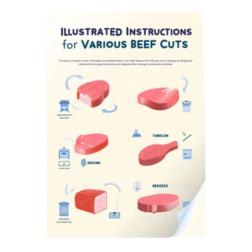A large sheet of paper features "Illustrated Cooking Instructions for Various Beef Cuts" at the top in bold letters. Below, there are detailed sketches of different beef cuts including "ribeye," "sirloin," "tenderloin," and "brisket." Each cut is accompanied by arrows indicating the best cooking methods, such as grilling, roasting, or braising. The illustrations use simple lines and shading to depict the texture and marbling of the beef. To the side of each sketch, there are small icons representing cooking tools like a grill, oven, and pot, with labels indicating the temperature settings and cooking times. The overall layout is organized and visually engaging for easy understanding.