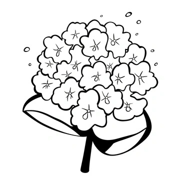A detailed close-up illustration of a single hydrangea flower with droplets of dew on its petals.