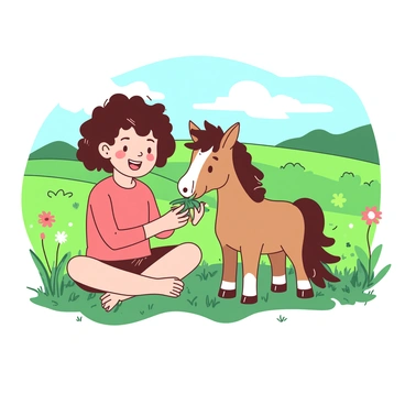 A cheerful child with curly brown hair is sitting cross-legged beside a small pony with a shiny coat. The pony is nibbling on fresh green grass alongside the child, who is also reaching for a handful of grass. The field is filled with soft green blades, and a few wildflowers can be seen scattered throughout the lush landscape. In the background, there are gentle rolling hills under a clear blue sky.