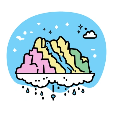 A large island floating in the sky, with sheer cliffs made of various sparkling gemstones. The cliffs reflect sunlight in a spectrum of colors, creating a dazzling display. Below the island, fluffy white clouds drift gently. Tiny waterfalls cascade down the cliffs, pouring into pools that shimmer with the colors of the gemstones. The sky above is a bright blue, dotted with a few wispy clouds.