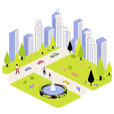 A bustling urban biome with tall grey skyscrapers reaching towards the blue sky. The streets below are filled with colorful cars and people walking, some carrying shopping bags. Green parks are interspersed throughout the city, featuring bright green trees, neatly trimmed bushes, and people relaxing on benches. A fountain with shimmering water is present in one of the parks, surrounded by flowers in various colors.