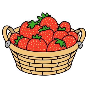 A round woven basket made of light brown wicker, with a sturdy handle on each side. The basket is overflowing with bright red strawberries, their surfaces shiny and dotted with tiny seeds. Some strawberries are whole, while a few are half-cut, showcasing their juicy insides. Green leaves and stems are also included among the strawberries, adding freshness to the scene. The basket is placed on a light-colored wooden surface, creating a warm and inviting atmosphere.
