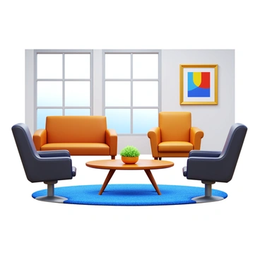 A stylish interior featuring a combination of vintage and modern furniture. There is a mid-century modern coffee table positioned in the center of the room, surrounded by contemporary chairs with sleek lines. A vintage leather armchair adds a touch of classic elegance in one corner, while a modern art piece hangs on the wall, providing a contrast to the traditional elements. The room is well-lit with large windows, allowing natural light to illuminate the space. A plush area rug ties the room together, blending the old and new seamlessly.