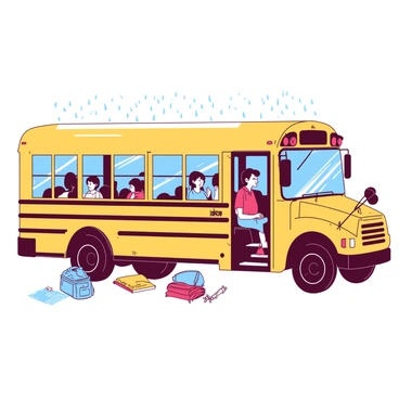 A yellow school bus is parked with its windows showing raindrops trickling down the glass. Inside the bus, there are several students sitting in their seats. Some of the students are looking out the window, while others are chatting with each other. The atmosphere inside the bus is lively, with backpacks resting on the floor and school supplies scattered on the seats. The outside scene is blurred by the rain on the windows, adding a sense of movement and depth to the image.