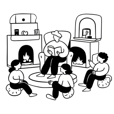 A grandmother seated in a comfortable armchair, holding an open storybook on her lap. Around her, three grandchildren are sitting on the floor, eagerly listening. The room is filled with a warm atmosphere, featuring a soft rug underfoot and a small wooden side table nearby with a steaming cup of tea. A fireplace is visible in the background, with gentle flames flickering and casting shadows on the walls. On the walls, there are framed family photos and a shelf filled with books. The grandmother gestures animatedly with one hand as she shares the tale of "the lost coin."