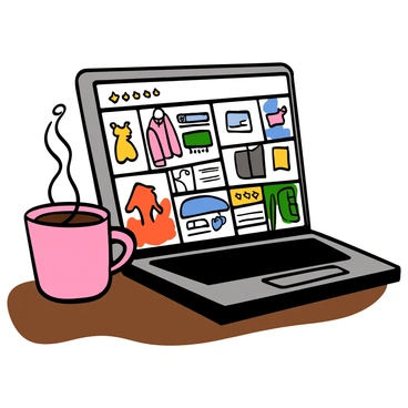 A laptop with a sleek design and a black keyboard is open on a wooden desk. The screen displays a vibrant online marketplace filled with colorful product images, ranging from clothing to electronics. Each product is accompanied by star ratings in bright yellow, indicating customer reviews. The background is slightly blurred, focusing attention on the laptop and its contents. A steaming mug of coffee sits next to the laptop, adding a cozy touch to the scene.