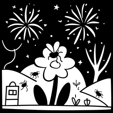 A fly with detailed wings is perched on a vibrant flower surrounded by various festive decorations. Fireworks in the shape of stars and spirals are exploding in the night sky above, illuminating the scene. There are strings of lights hanging from nearby trees, and small lanterns dot the ground. Several other insects are seen dancing around the flower, enhancing the festive atmosphere. The overall composition captures the lively spirit of the festival.