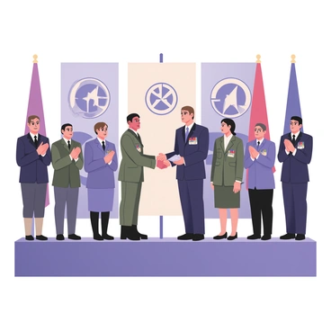 A digital flat illustration depicting a formal ceremony with several NATO members standing on a stage. The central figure is a soldier, with dark hair and a uniform adorned with medals, receiving an award from a high-ranking official in a navy blue suit. The soldier has a proud expression. Around them, other service members in uniforms of various colors are applauding. The background features banners with NATO logos and flags of member countries. The overall atmosphere conveys a sense of honor and respect, with soft lighting highlighting the award presentation.